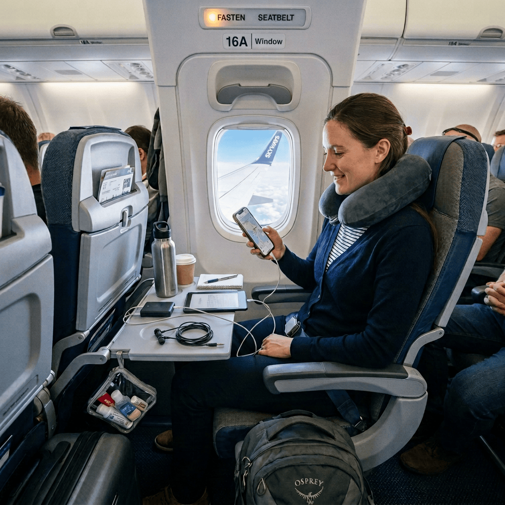 Passenger using a smartphone beside an airplane window during flight